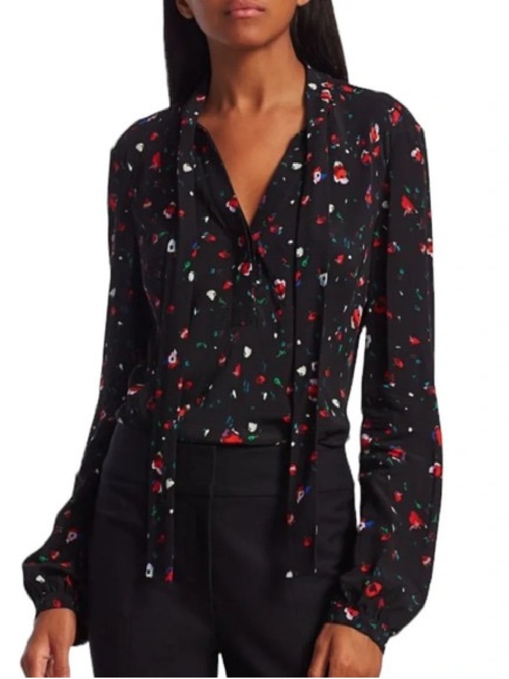 10 Crosby Derek Lam Black Floral Tie-Neck Blouse